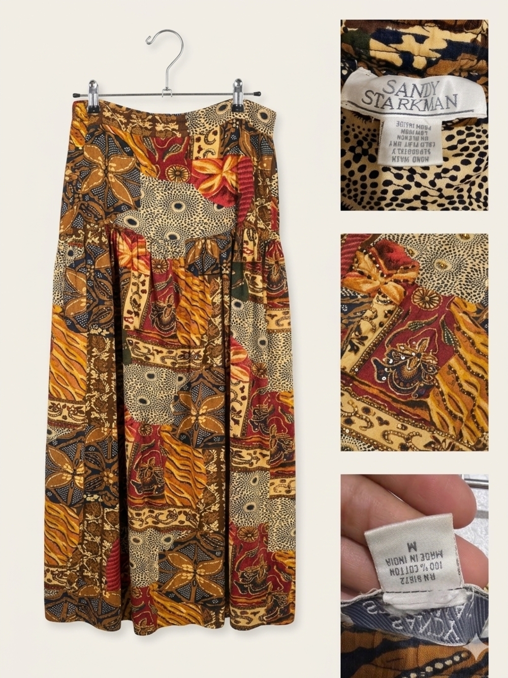 Vintage Sandy Starkman Patchwork Boho Skirt Size Medium | Artsy 90s Rayon Statem